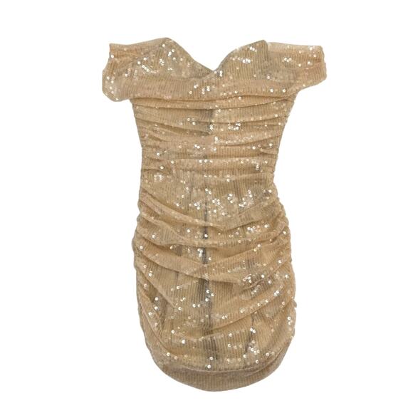Heiress NWT Nude Cream Sequin Corset Drape Bodycon Mini Holiday Cocktail Dress - Picture 2 of 8